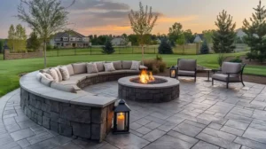 Outdoor patio with a stone fire pit, curved seating, and stamped concrete flooring, creating a cozy evening ambiance